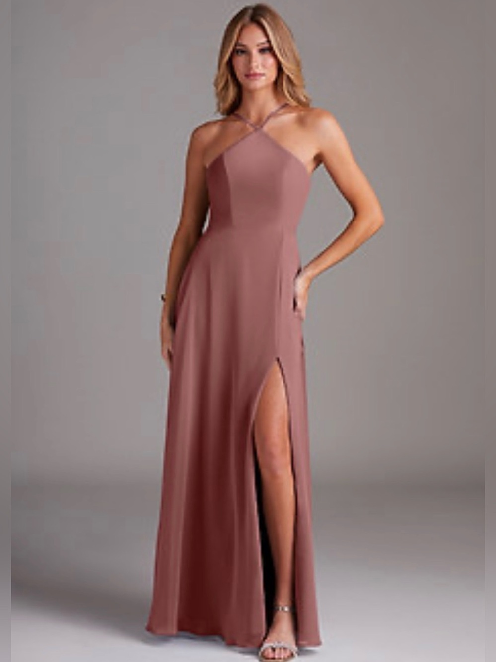 Azazie Bailey Dusty Rose A-Line Halter Side Slit Chiffon Dress size 4A